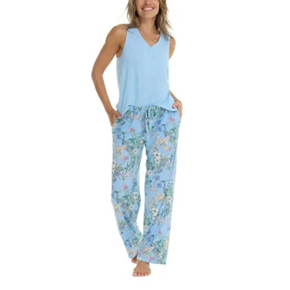 Flora Nikrooz Womens 3-Piece Pajama Set Blue Floral Robe Tank Pants 2XL New